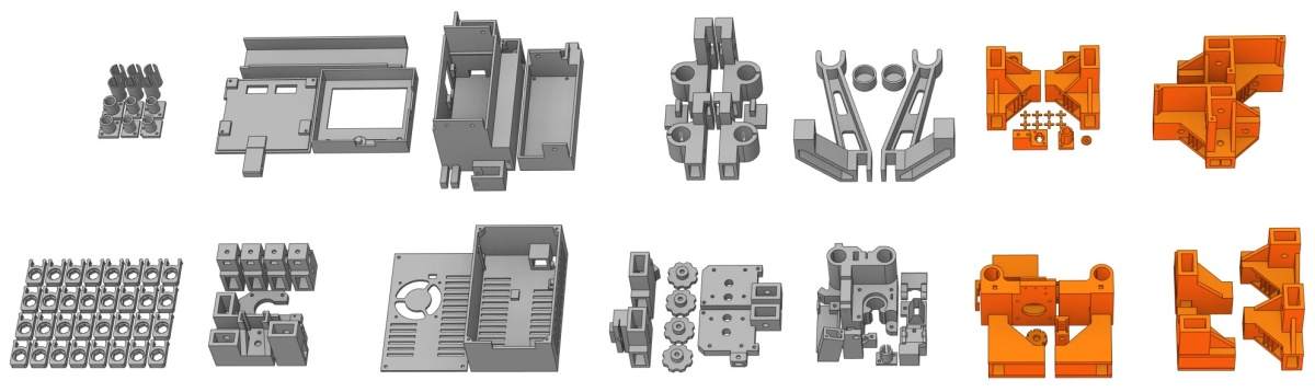 3D modely plastových dílů potřebných k sestavení  jedné tiskárny SPITFIBER